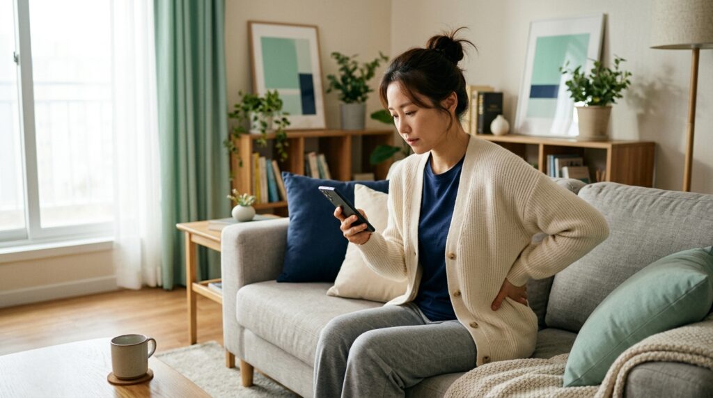 허리 통증으로 병원을 고민하며 스마트폰을 보는 여성