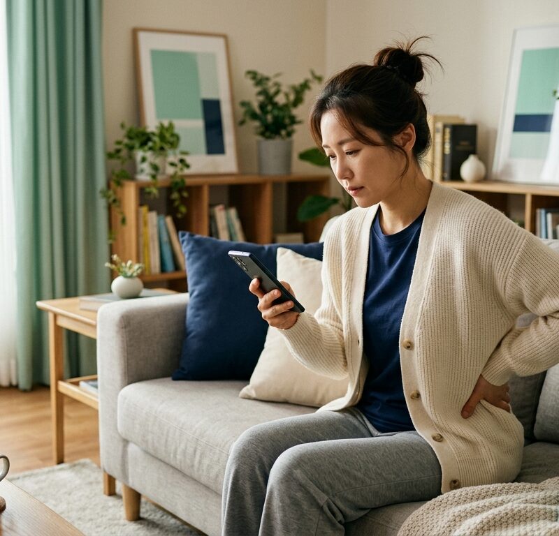 허리 통증으로 병원을 고민하며 스마트폰을 보는 여성