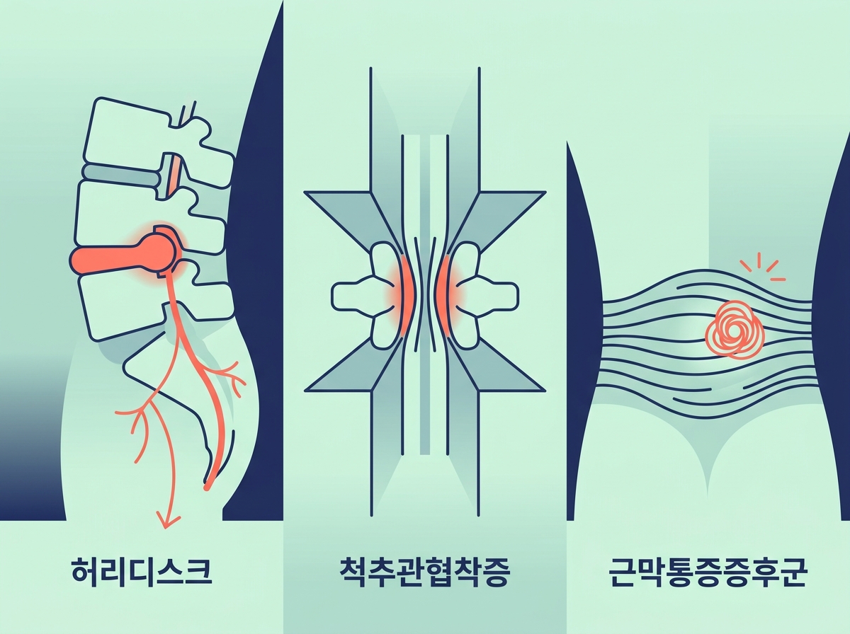 허리디스크, 척추관협착증, 근막통증증후군 원인 부위를 비교한 일러스트